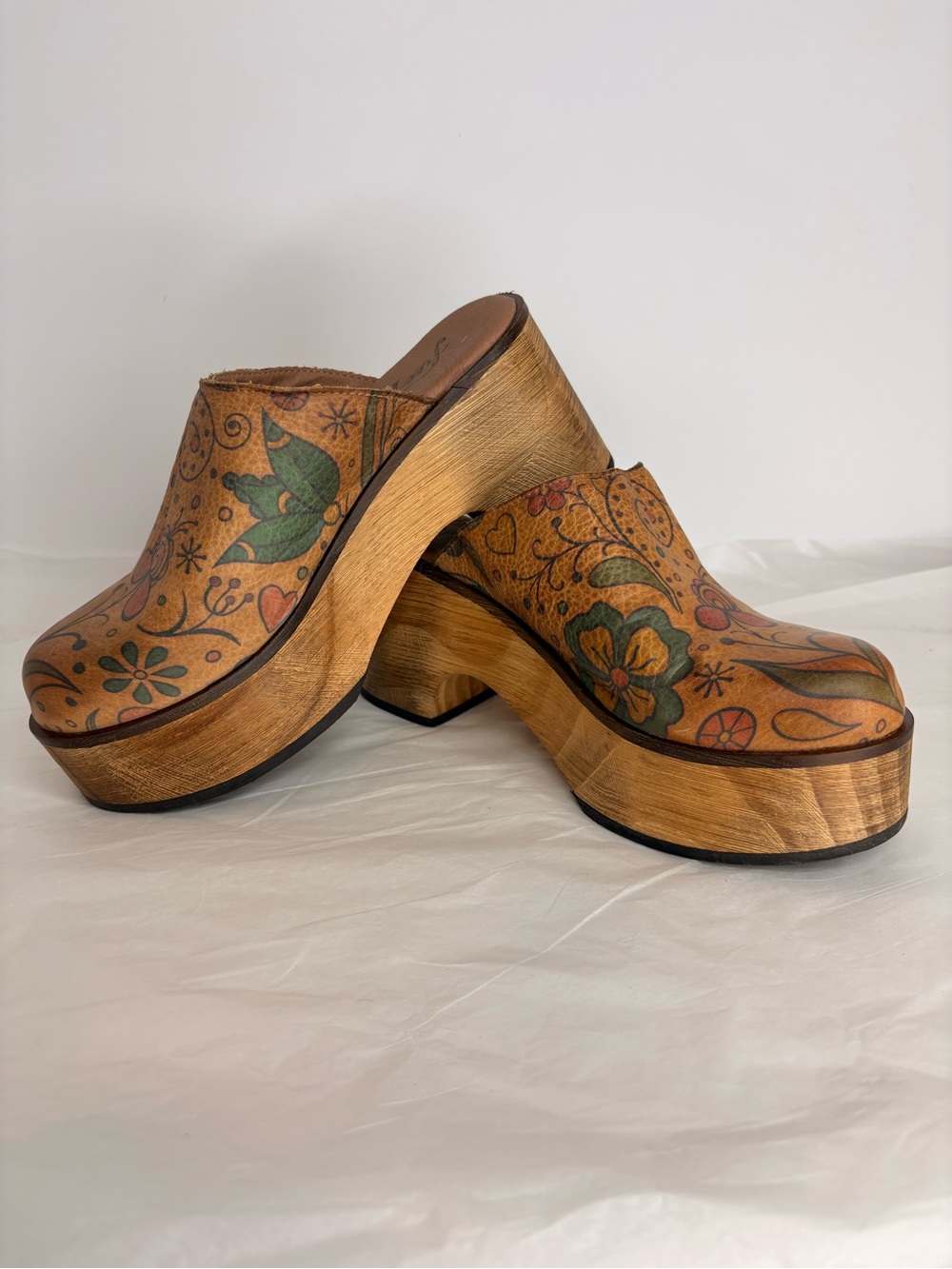 Free People Tan Floral Leather Platform Clogs with Green Accents